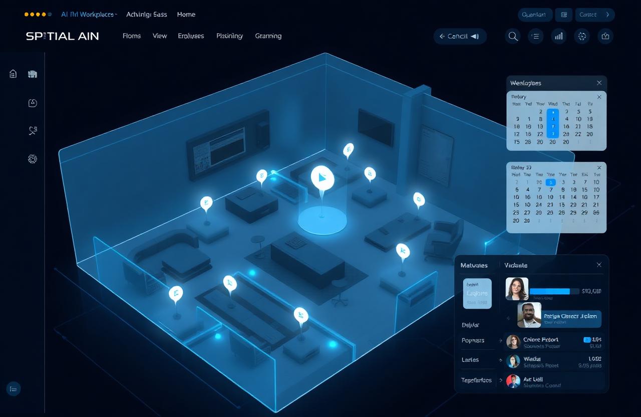 Illustration of CXApp's SKY spatial AI platform showing an interactive office floor map, employee location pins, and meeting room scheduling widgets